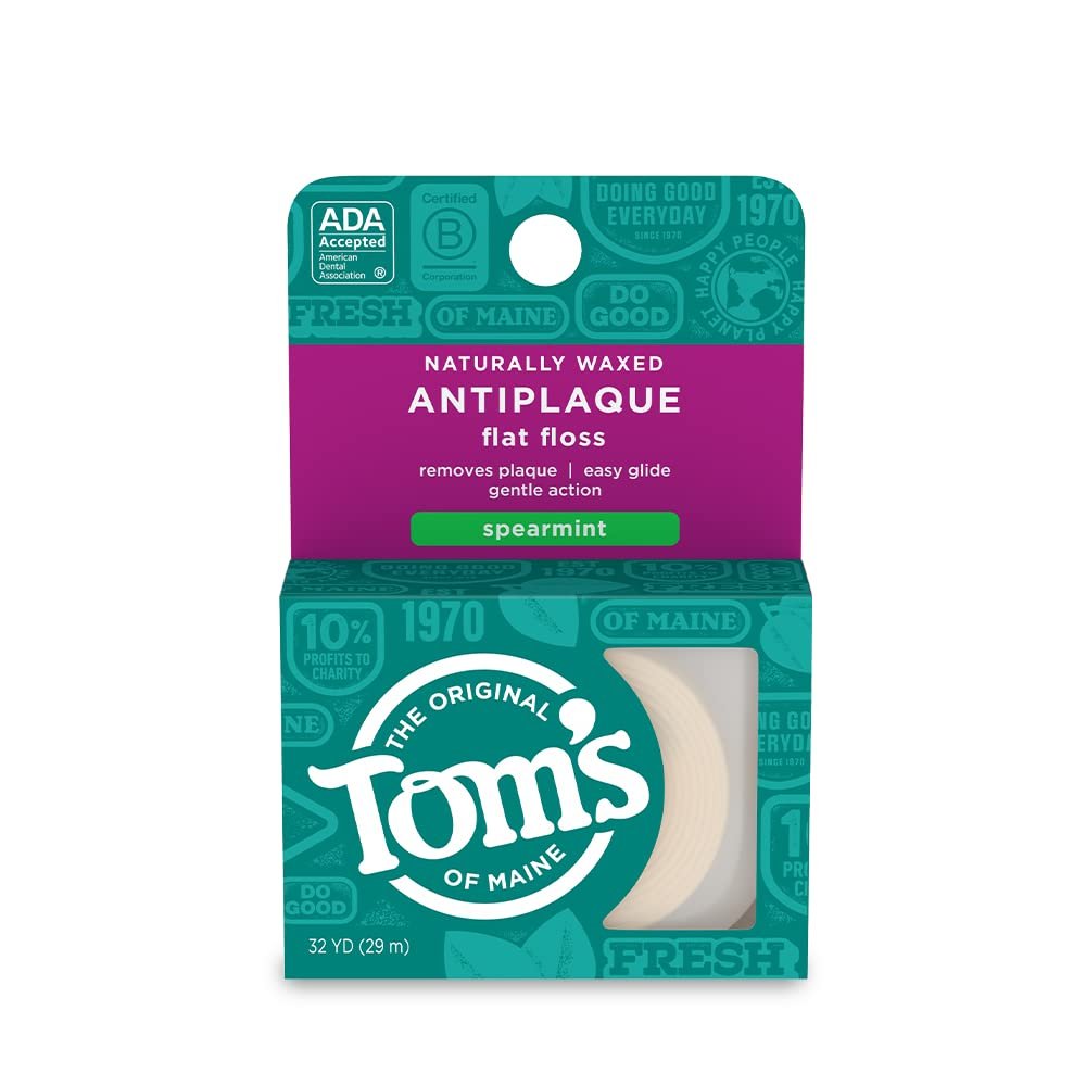 Tom’s of Maine Naturally Waxed Antiplaque Flat Dental Floss, Spearmint, 32 Yards
