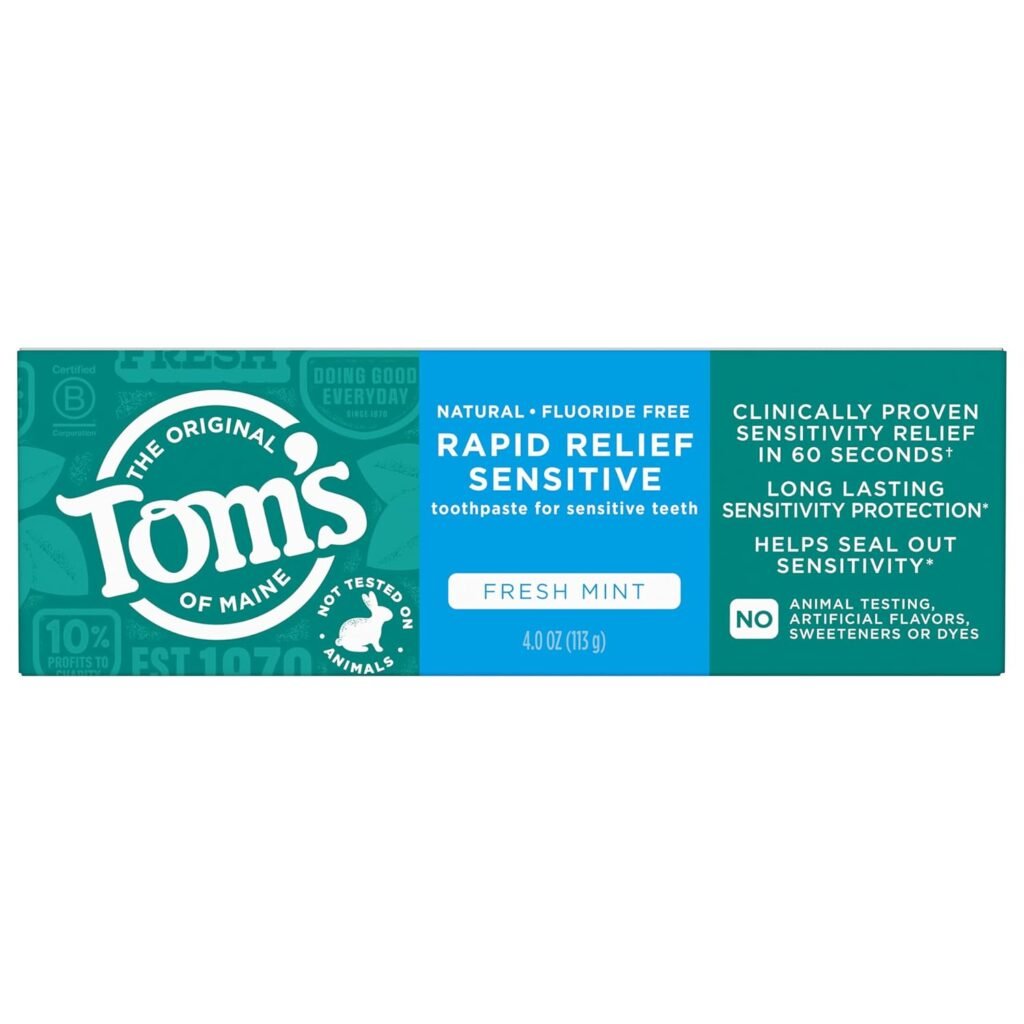 Tom’s of Maine Fluoride-Free Rapid Relief Sensitive Toothpaste, Fresh Mint, 4 oz. (Packaging May Vary)