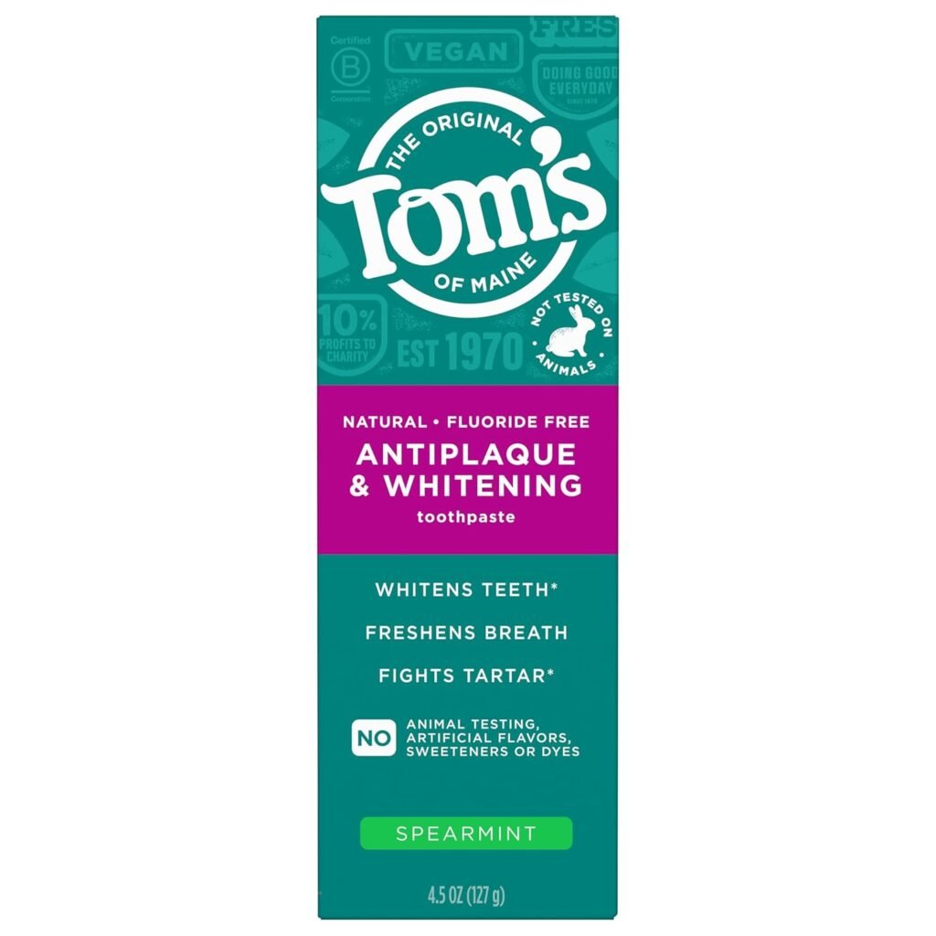 Tom’s of Maine Antiplaque and Whitening Fluoride Free Toothpaste, Spearmint, 4.5 Oz