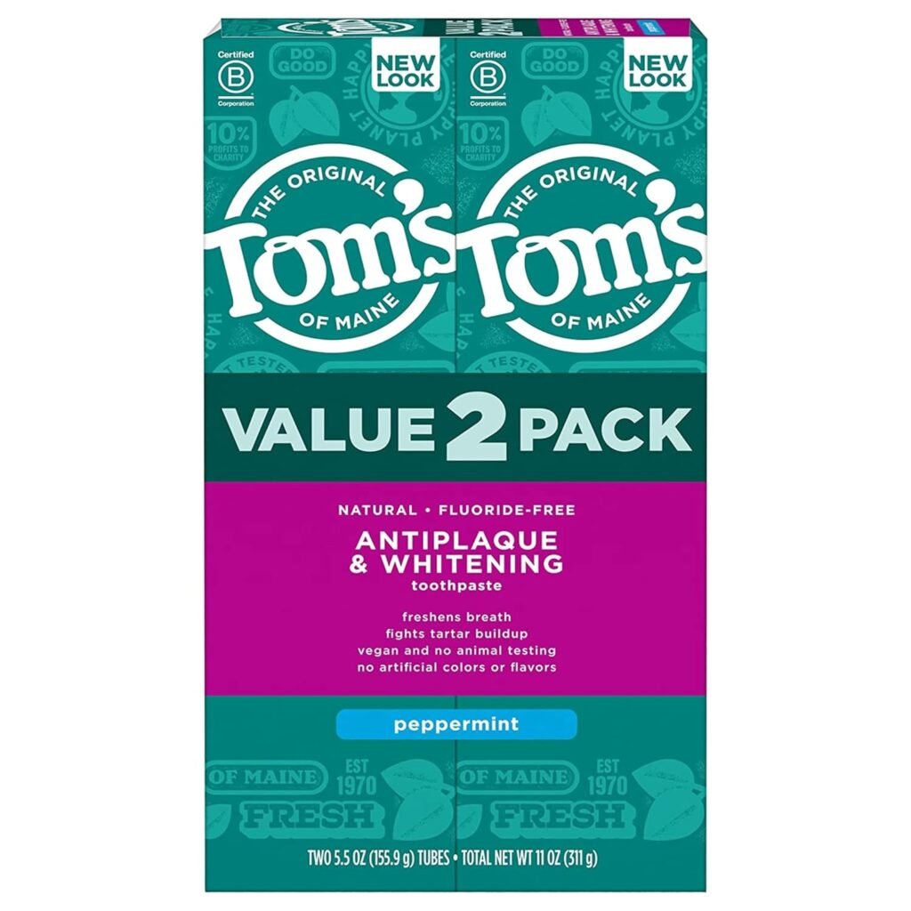 Tom’s of Maine Fluoride-Free Antiplaque & Whitening Natural Toothpaste, Peppermint, 5.5 oz. (Pack of 2)
