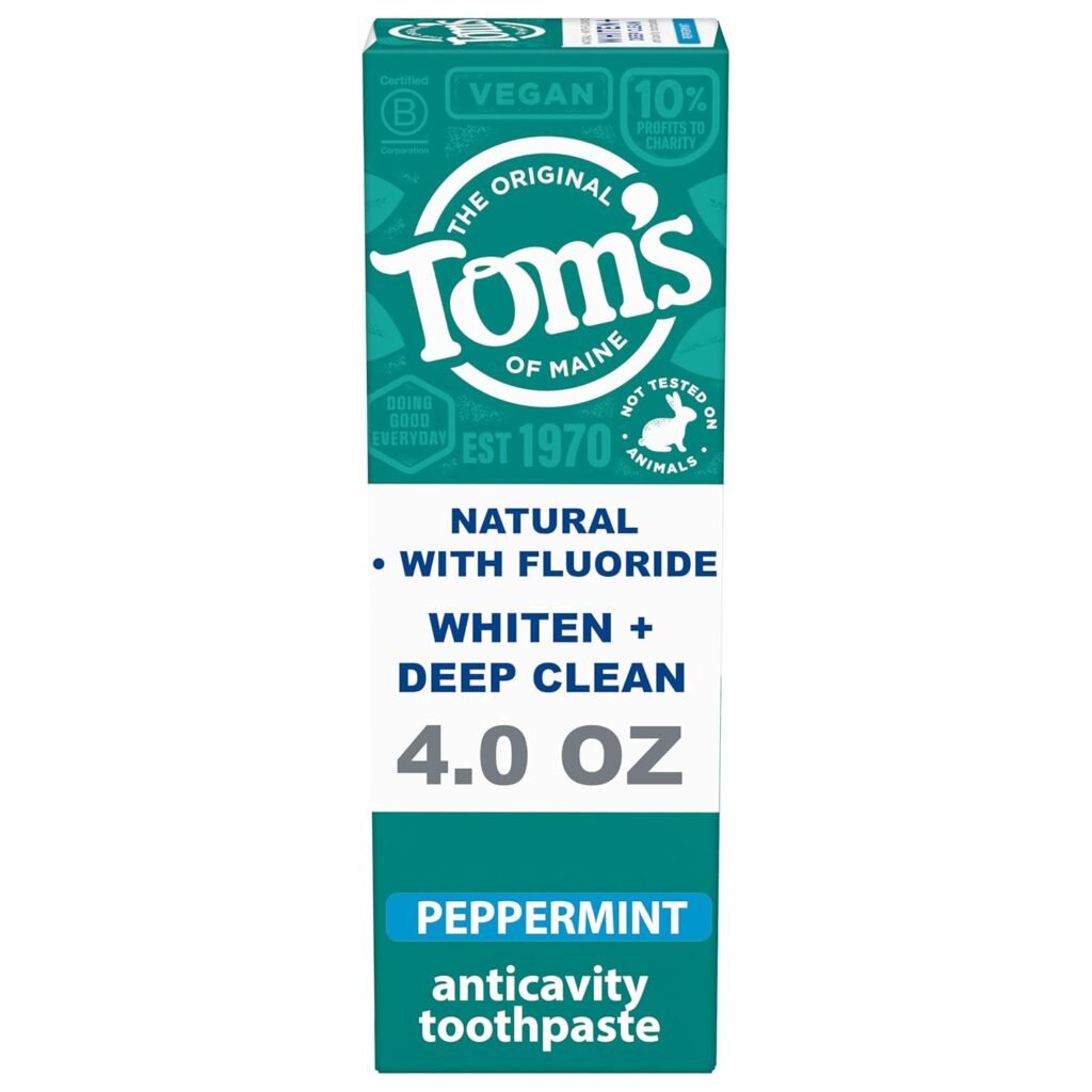 Tom’s of Maine Whiten Plus Deep Clean Whitening Toothpaste, Natural Whitening Toothpaste with Plant-Based Cleansers, Enamel Safe Formula, Whitens Without Causing Sensitivity, Peppermint, 4.0 oz