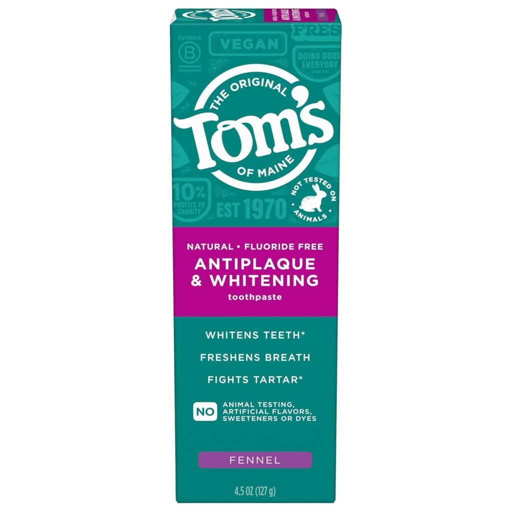 Tom’s of Maine Antiplaque and Whitening Toothpaste, Fluoride Free, Fennel, Single, 4.5 Oz