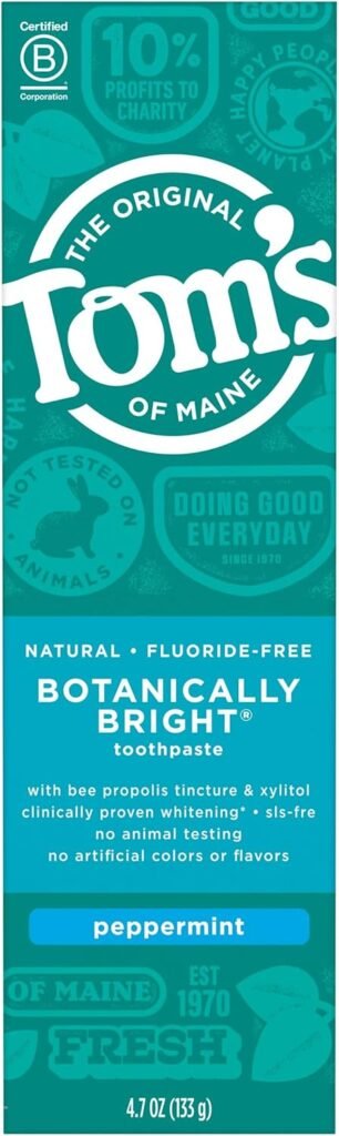 Tom’s of Maine Natural Fluoride-Free SLS-Free Botanically Bright Toothpaste, Peppermint, 4.7 oz. (Packaging May Vary)