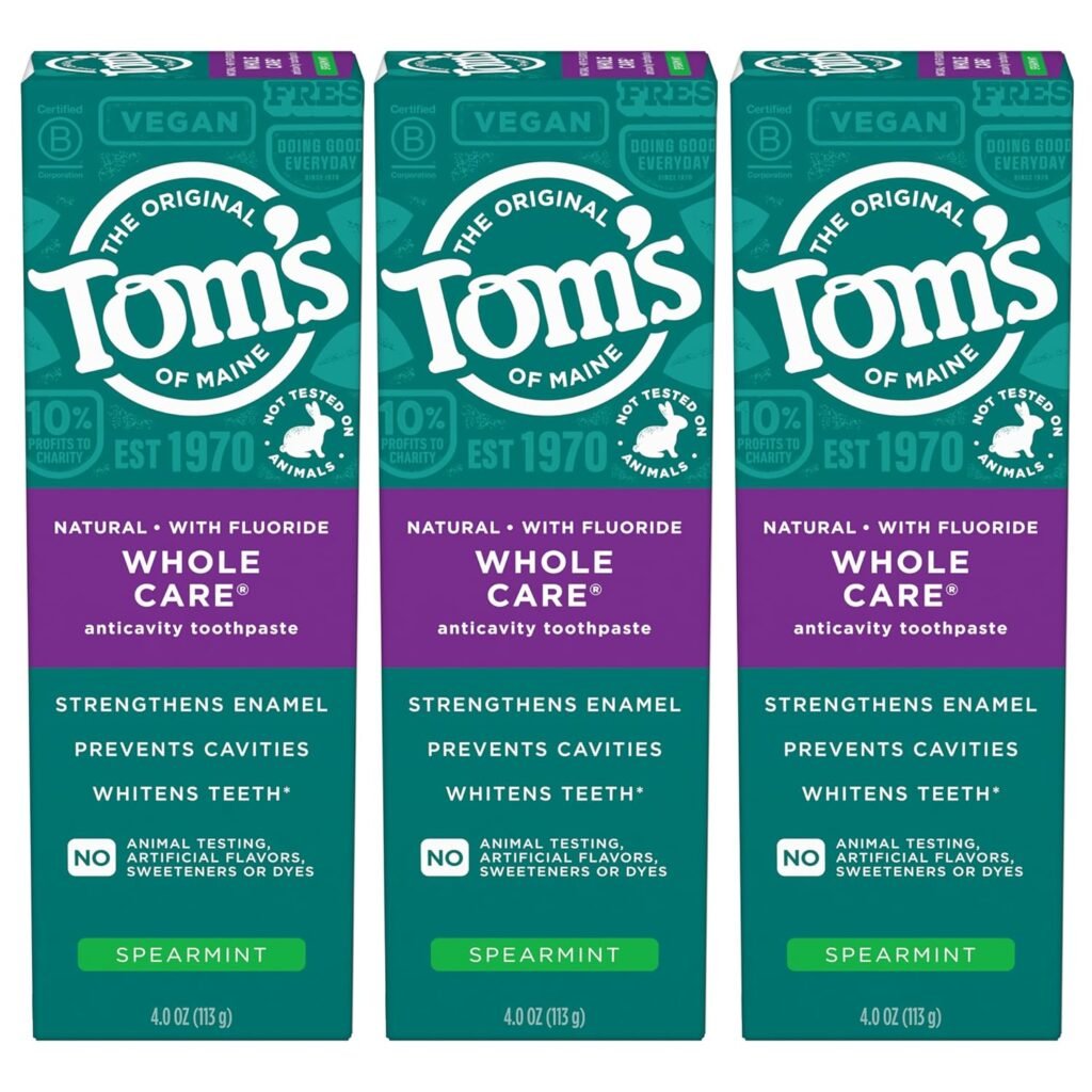Tom’s of Maine Whole Care Natural Toothpaste with Fluoride, Spearmint, 4 Ounce (Pack of 3), (Packaging May Vary)