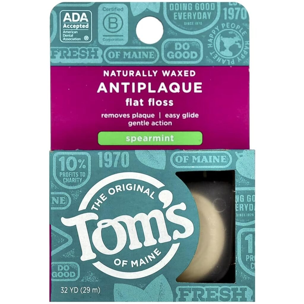 Tom’s of Maine Natural Waxed Antiplaque Flat Floss, Spearmint, 32-Yards, Pack of 2
