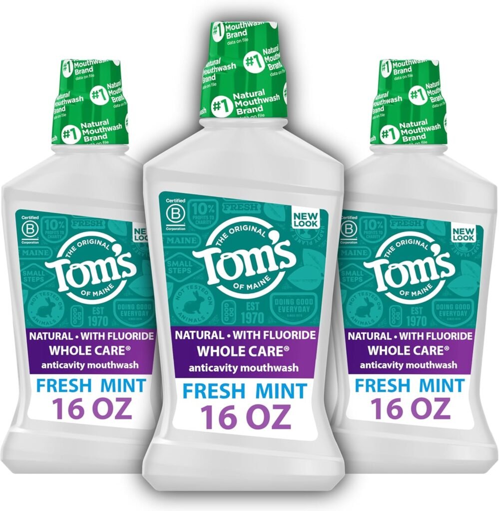 Tom’s Of Maine Whole Care Natural Fluoride Mouthwash, Fresh Mint, 16 Oz (Pack of 3) (Packaging May Vary)