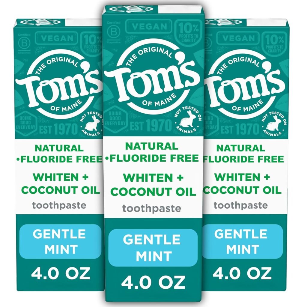 Tom’s of Maine Whiten Plus Coconut Oil Fluoride Free Toothpaste, Natural Whitening Toothpaste with Plant-Based Cleansers, Whitens Without Causing Sensitivity, Gentle Mint, 4.0 Oz (Pack of 3)