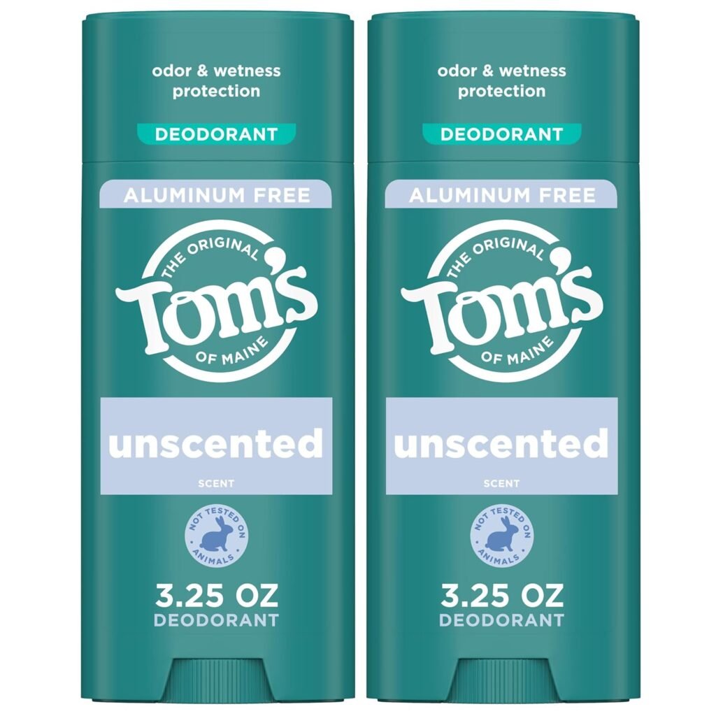 Tom’s of Maine Unscented Aluminum Free Natural Deodorant For Women & Men | Goes on Clear | Odor & Wetness Protection | Naturally Derived and Moisture-Locking Ingredients | 3.25 oz (2 Pack)