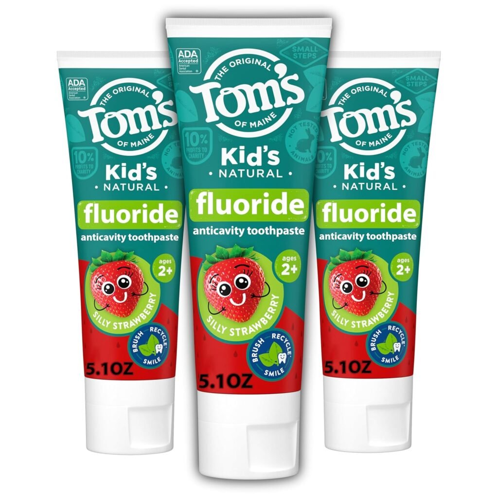 Tom’s of Maine ADA Approved Fluoride Kids Toothpaste, Natural Toothpaste, Dye Free, No Artificial Preservatives, Silly Strawberry, 5.1 oz. 3-Pack (Packaging May Vary)