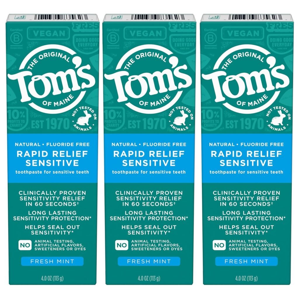 Tom’s of Maine Fluoride-Free Rapid Relief Sensitive Toothpaste, Fresh Mint, 4 oz. 3-Pack (Packaging May Vary)