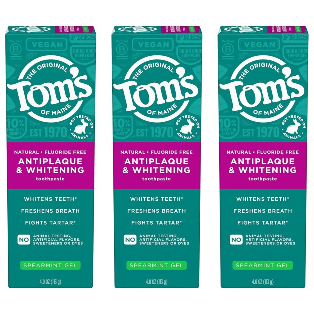 Tom’s of Maine Antiplaque and Whitening Fluoride Free Natural Toothpaste Gel, Vegan, Spearmint, 4 Ounces (3 Pack)