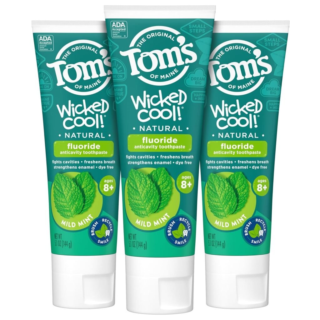 Tom’s of Maine ADA Approved Wicked Cool! Fluoride Children’s Toothpaste, Natural Toothpaste, Dye Free, No Artificial Preservatives, Mild Mint, 5.1 oz. 3-Pack