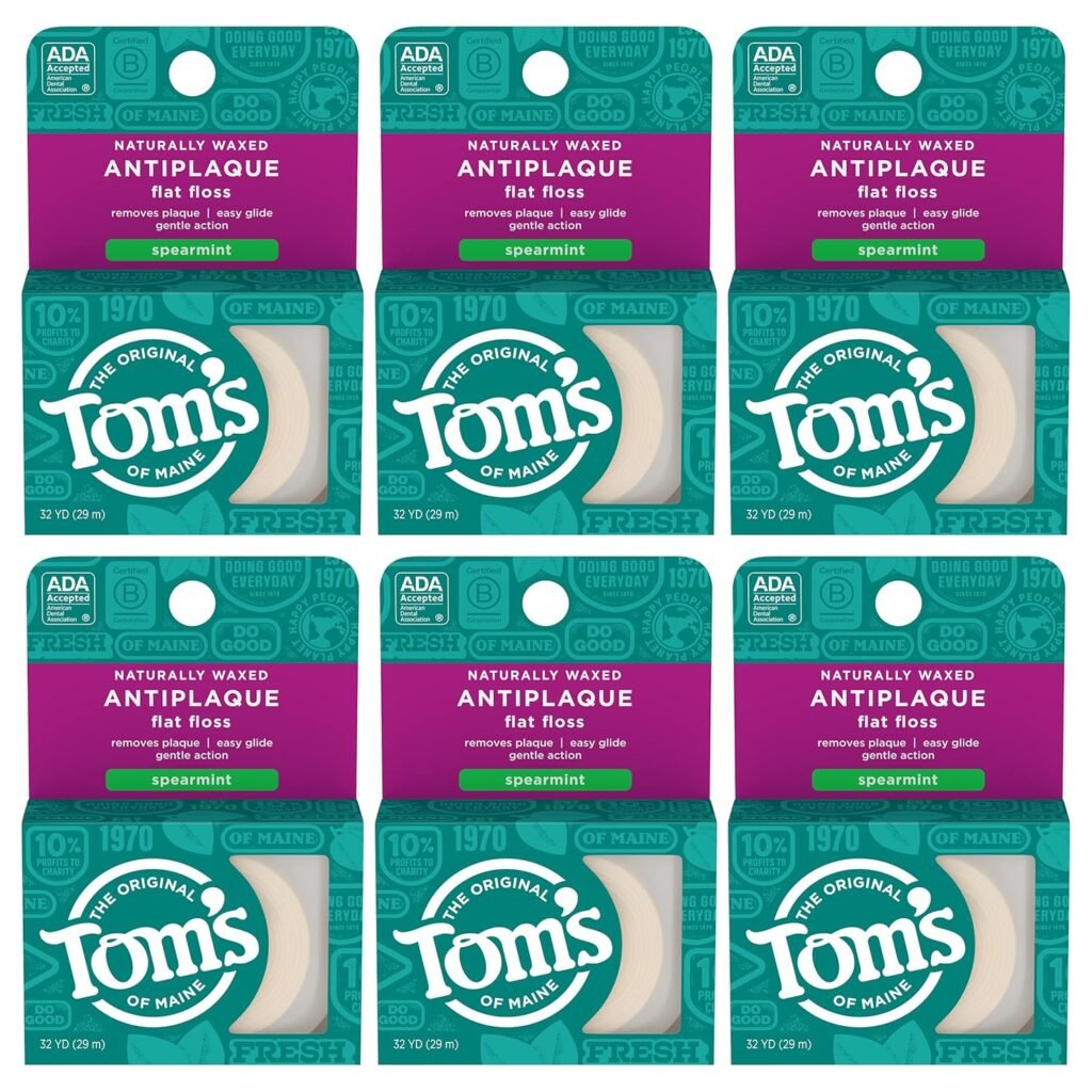 Tom’s of Maine Naturally Waxed Antiplaque Flat Dental Floss, Spearmint, 32 Yards 6-Pack (Packaging May Vary)