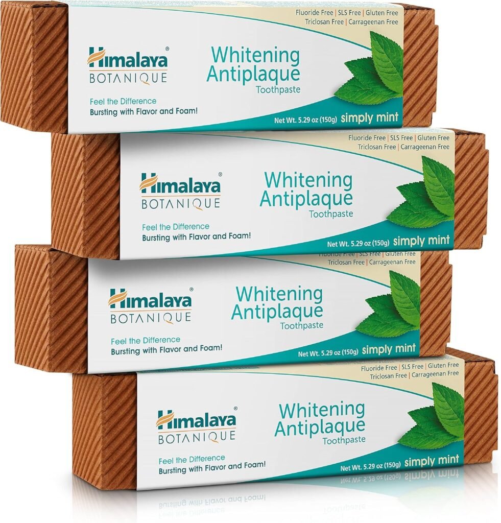 Himalaya Botanique Whitening Complete Care Toothpaste, Teeth Whitening, Fights Plaque, Fluoride Free, No Artificial Flavors, SLS Free, Cruelty Free, Foaming, Simply Mint Flavor, 5.29 Oz, 4 Pack