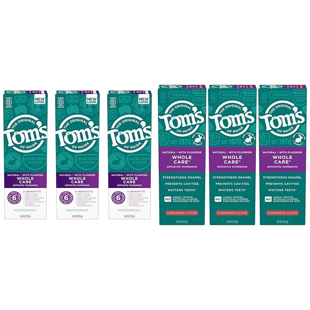 Tom’s of Maine Whole Care Natural Fluoride Toothpaste Bundle with Peppermint and Cinnamon Clove, Three 4 oz. 3-Packs