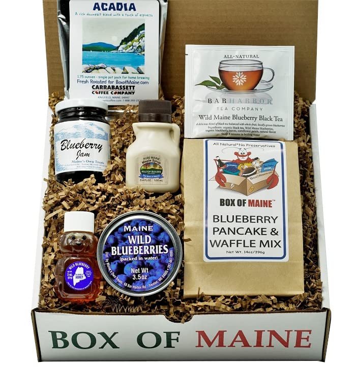 The Maine Breakfast Box – 7 Maine-made items – Pure Maine Maple Syrup, Organic Blueberry Honey Bear, Wild Maine Blueberry Jam, Bar Harbor Tea Black Tea, Carrabassett Acadia Coffee, Canned Wild Blueberries and Blueberry Pancake Mix)