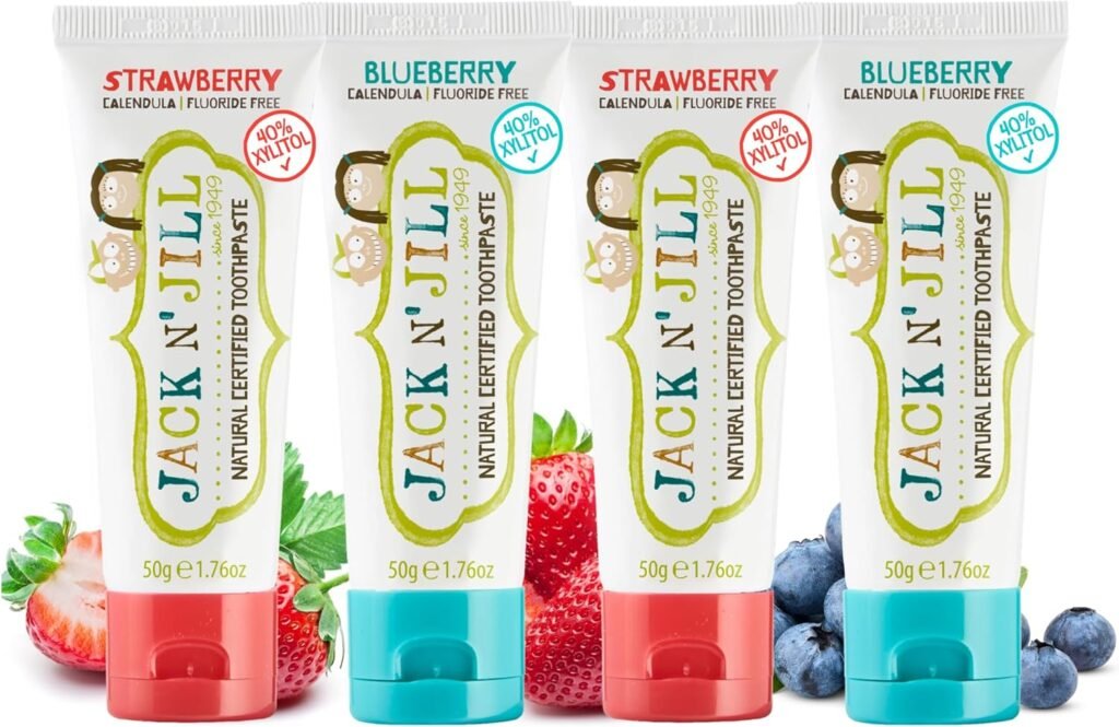 Jack N’ Jill Natural Toothpaste for Baby and Infants – Fluoride Free Training Toothpaste, 40% Xylitol, BPA Free – Strawberry & Blueberry, 1.76 oz (Pack of 4)
