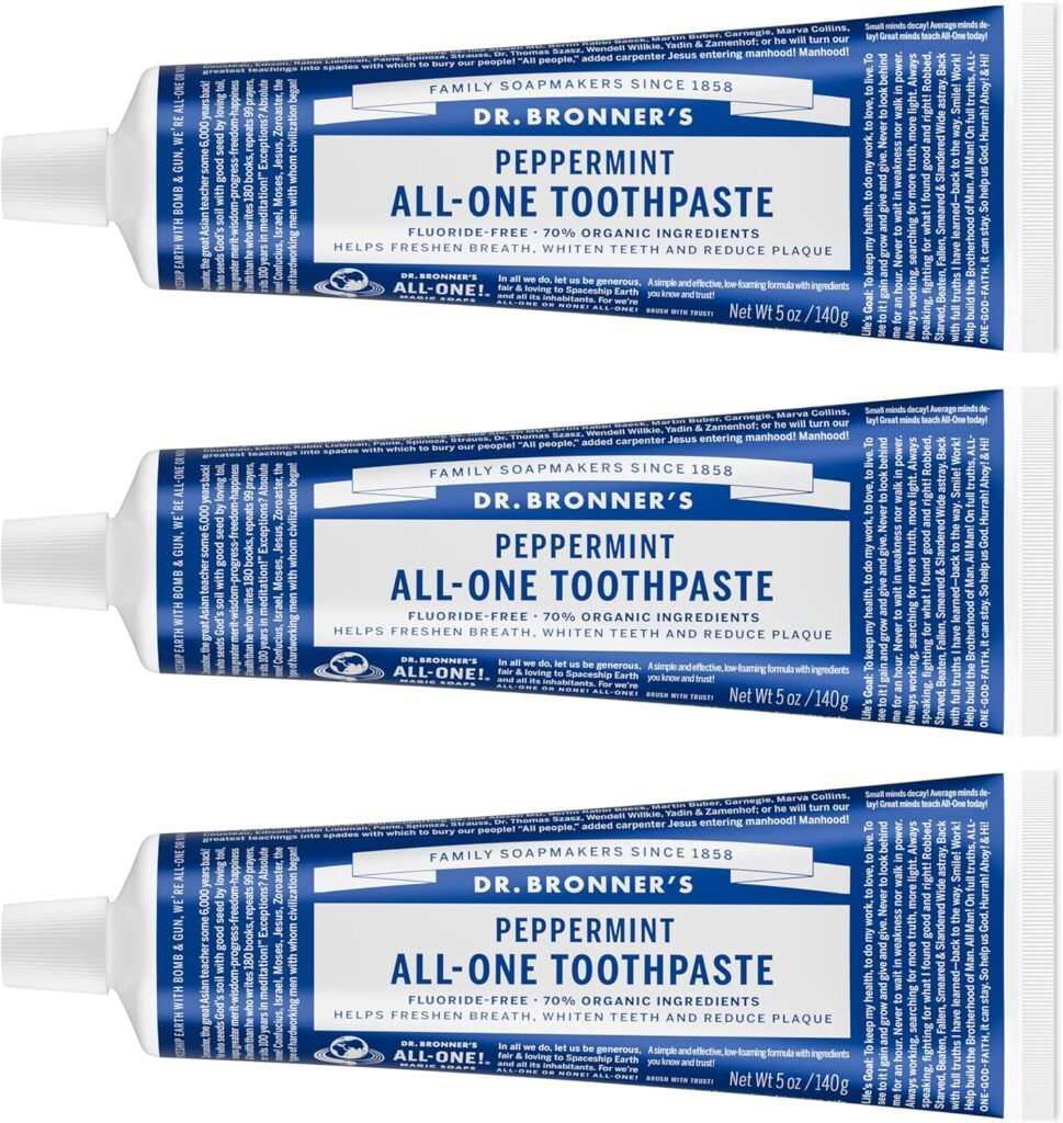 Dr. Bronner’s All-One Toothpaste Pack of 3– Peppermint, 5 oz– Fluoride-Free Toothpaste for Adults, SLS-Free, 70% Organic & Natural Ingredients, Vegan, Helps Freshen Breath & Reduce Plaque